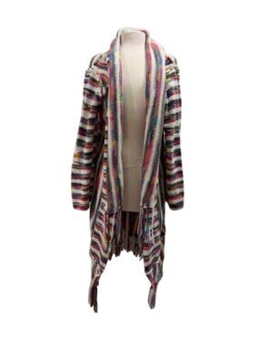 POL Multicolor L Fringe  Long Knit Duster Cardigan Open-Front Striped Bohemian